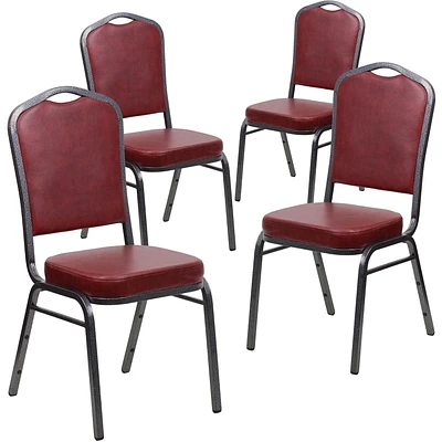 Lot de 4 pièces - Chaise de banquet empilable de la série HERCULES avec dossier couronne en vinyle bourgogne - Cadre veine d'argent