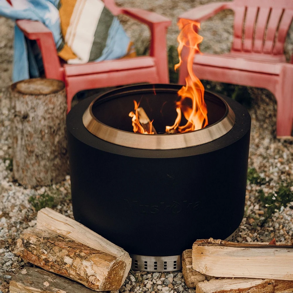 Muskoka 25" Black Steel/Stainless Steel Smokeless Wood Fire Pit with Lid, Poker & Protective Cover
