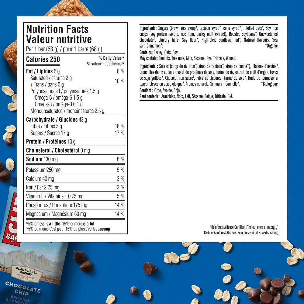 CLIF BAR, Chocolate Chip Energy Bar, 70% Organic Ingredients, No Artificial Flavours