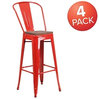 Lot de 4 pièces - Tabouret de bar de 30 po haut en métal rouge avec dossier et siège en bois