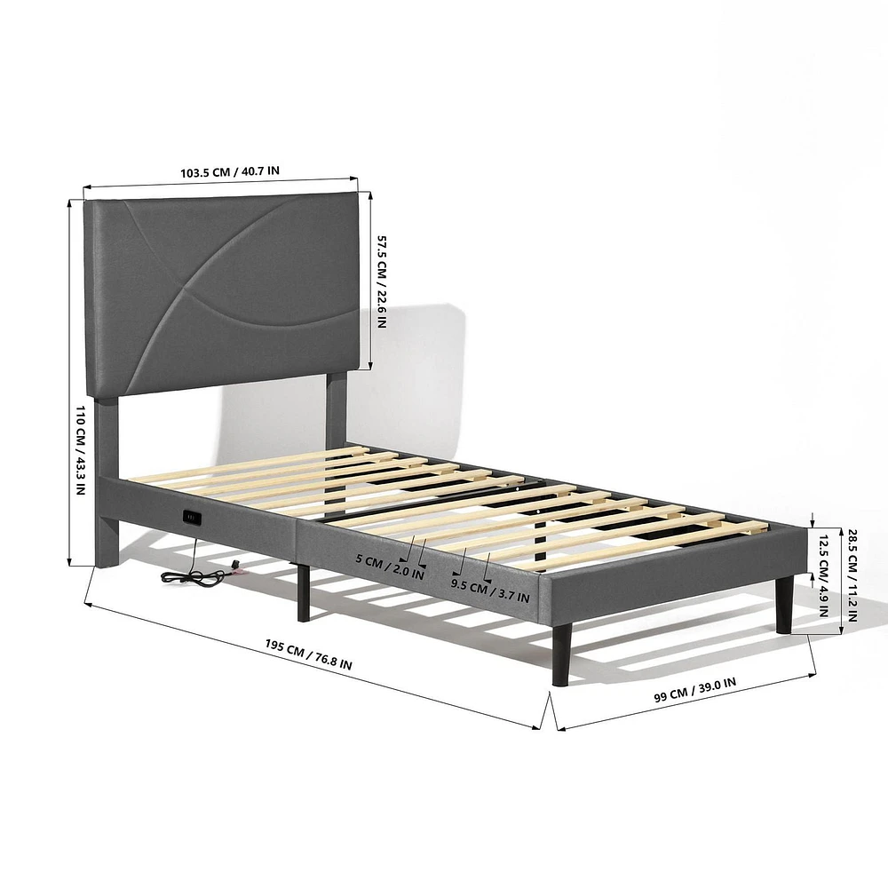 Cadre de lit rembourré pour enfants Homy Casa avec ports USB et tête de lit à lumière DEL, lattes métalliques robustes