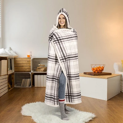 Safdie & Co. Couverture Jeté à Capuche Hoodzy Ultra Doux en Sherpa Réversible Carreaux Gris