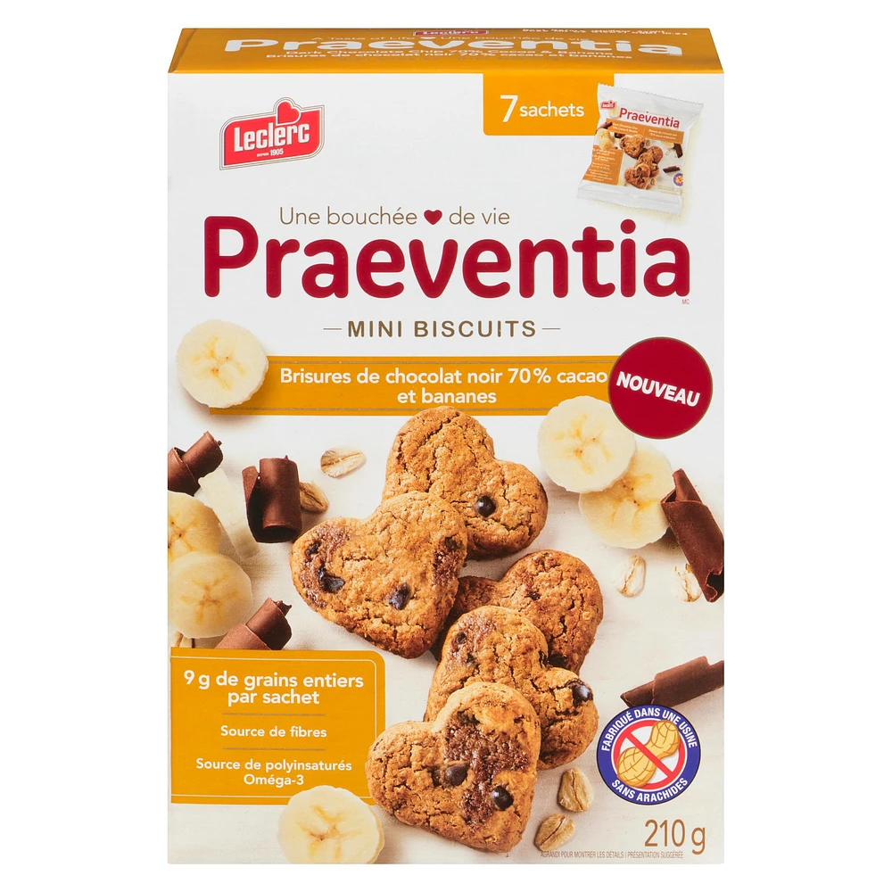 Praeventia Brisures de Chocolat Noir 70% Cacao et Bananes Mini Biscuits 210g/7 sachets
