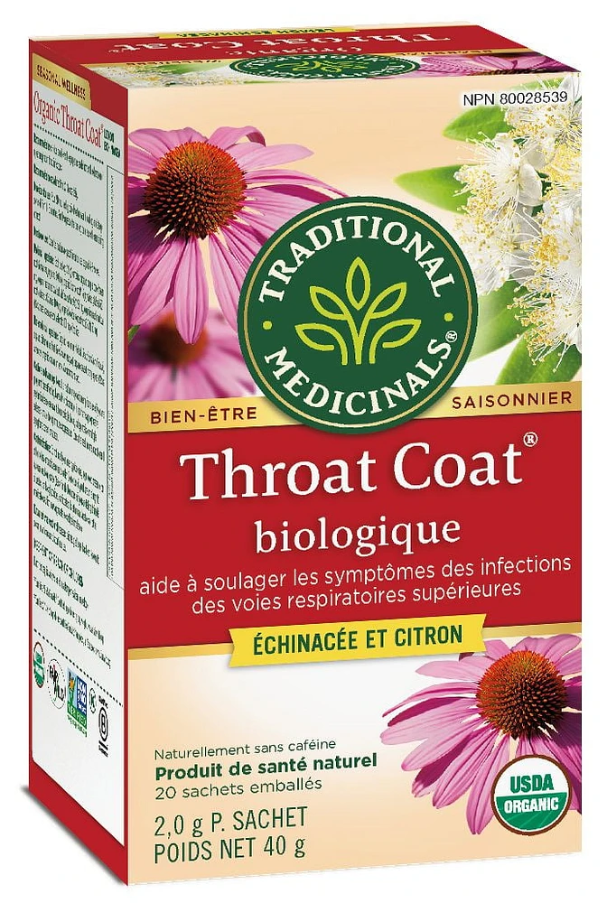 Throat Coat® échinacée et citron biologique Traditional Medicinals 20 cts
