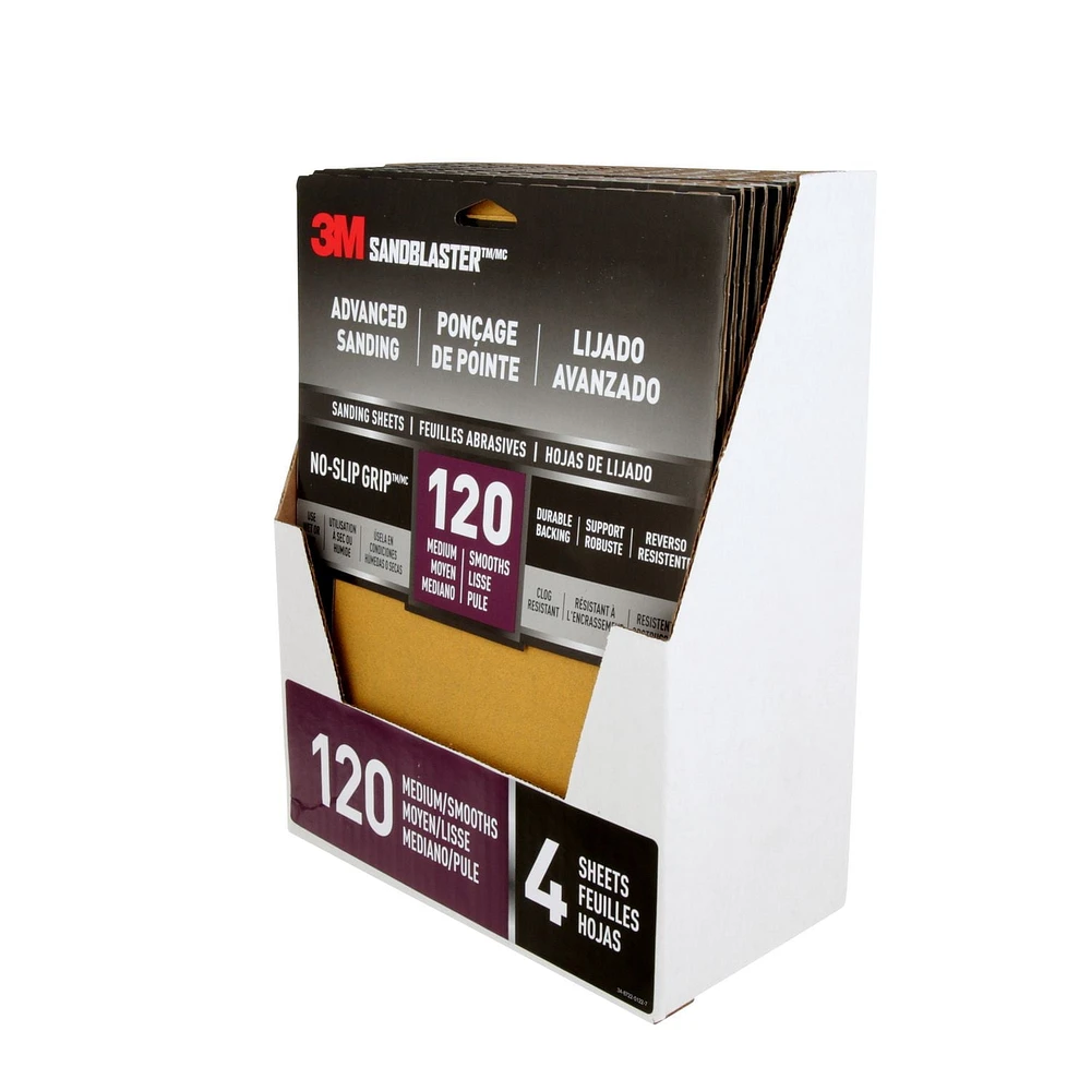 3M™ SandBlaster™ Advanced Sanding Sanding Sheets 20120-G-4, with NO-SLIP GRIP, 120 Grit, 9 in x 11 in, 4/Pack