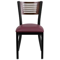 2 Pk. HERCULES Series Black Slat Back Metal Restaurant Chair - Walnut Wood Back, Burgundy Vinyl Seat