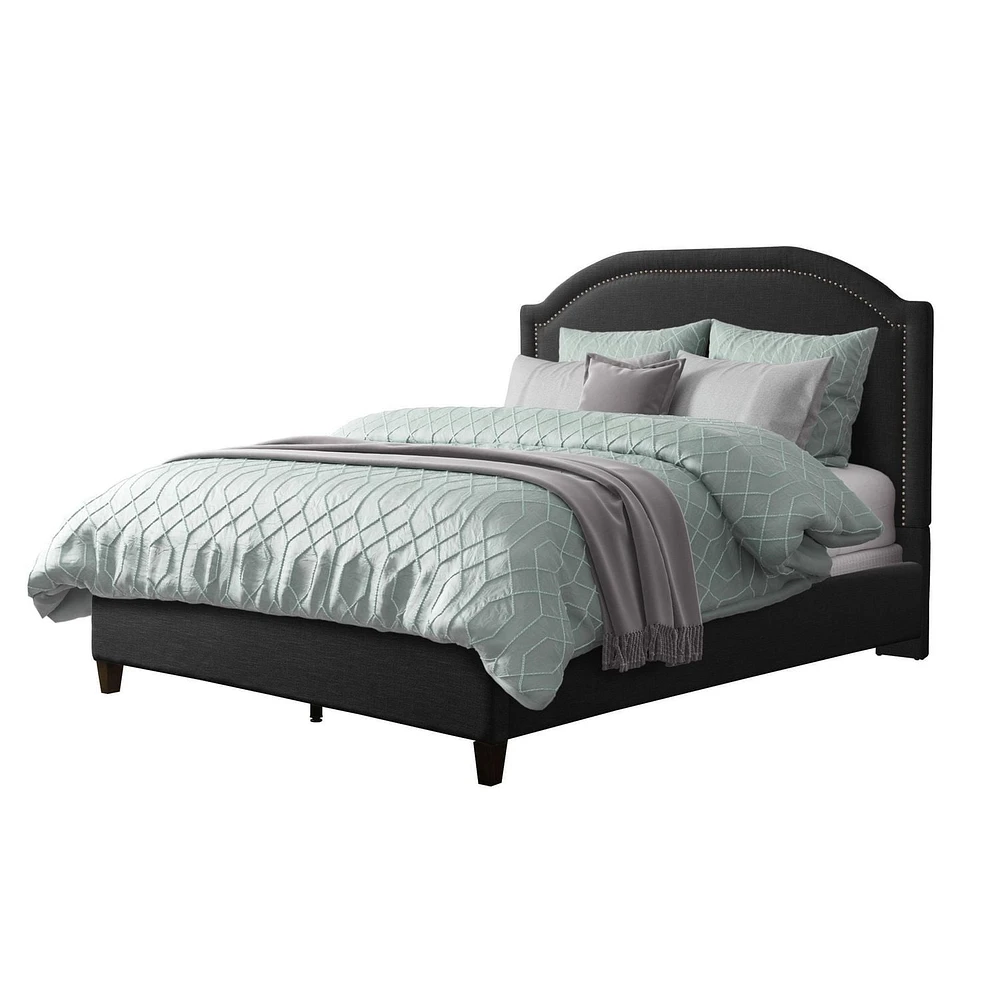 CorLiving Fabric Bed Frame with Arched Headboard and Nailhead Trim Accents