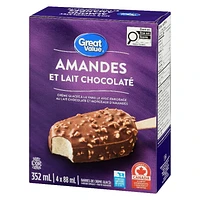 Barres de crème glacée Great Value à saveur du lait chocolaté aux amandes 4 x 88 ml