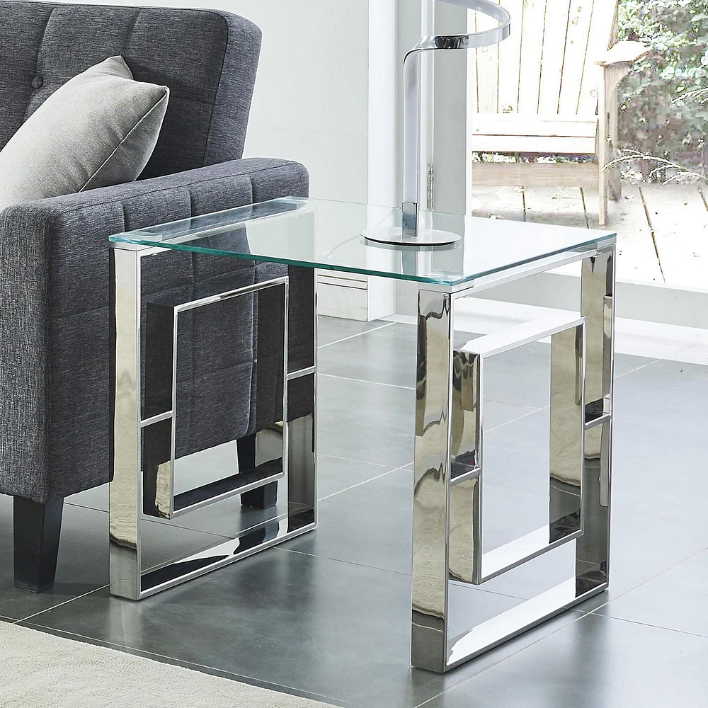 Table d'appoint contemporaine en acier inoxydable et verre – argent