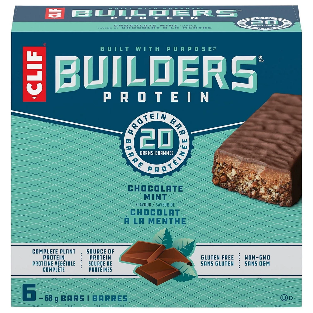 CLIF BUILDERS Protein Bars, Chocolate Mint Flavour, 20g of Protein, Prepared in Canada, Gluten Free, No Artificial Sweeteners, (Pack of 6), 408 g