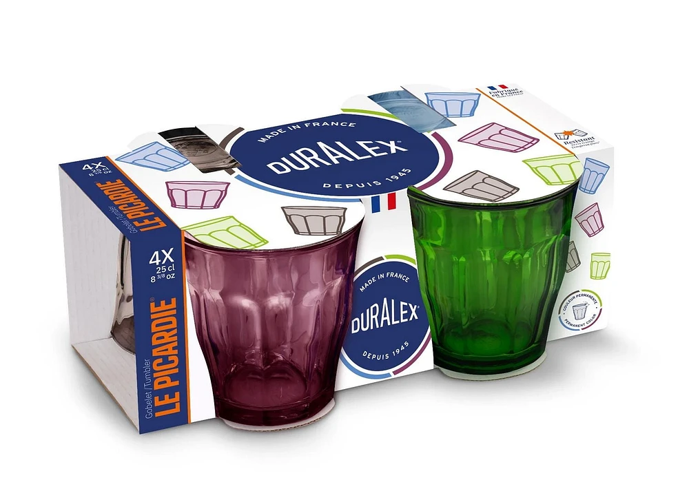 Duralex Picardie Gobelets en verre de couleurs assorties 250 ml, Ensemble de 4