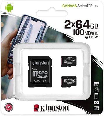 Kingston 64GB micSDXC Canvas Select Plus 100R A1 C10, 2 Pack + 1 ADP