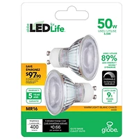 Ampoule en verre de réflecteur DEL MR16 gradable de Globe Electric, équivalente à un éclairage blanc chaleureux de 50W (3000K), paquet de 2, base GU10, 400 lumens, 30965