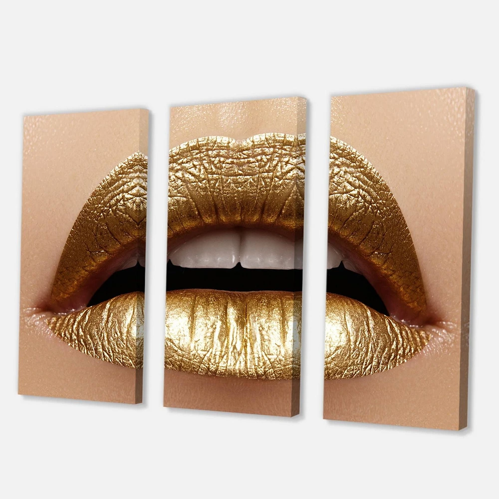 Designart Close Up of Female Plump Lips With Golden Lipstick Canvas Wall Art