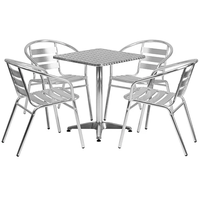 Ensemble de table carrée de 23,5 po en aluminium pour l'intérieur et l'extérieur avec 4 chaises à dossier à lattes