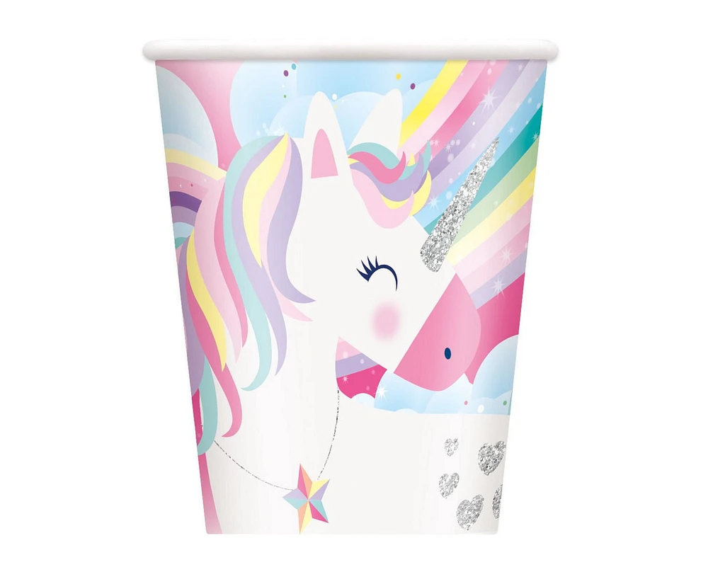Gobelets en papier licorne arc-en-ciel rose 9 oz, 8 ct Les gobelets jetables contiennent 9 oz.