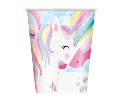 Gobelets en papier licorne arc-en-ciel rose 9 oz, 8 ct Les gobelets jetables contiennent 9 oz.