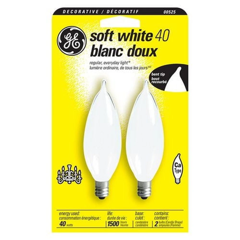 Lampe blanc doux GE à culot candélabre 40 W – paquet de 2