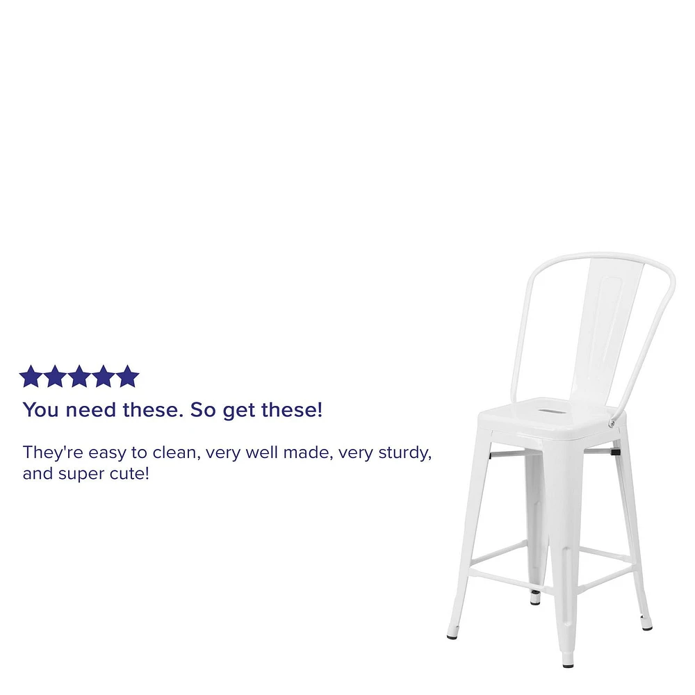 Tabouret à la hauteur de comptoir en métal blanc de 24 pouces de hauteur pour l'intérieur et l'extérieur avec dossier