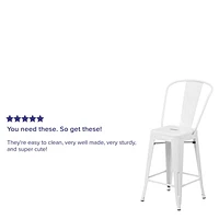 Tabouret à la hauteur de comptoir en métal blanc de 24 pouces de hauteur pour l'intérieur et l'extérieur avec dossier