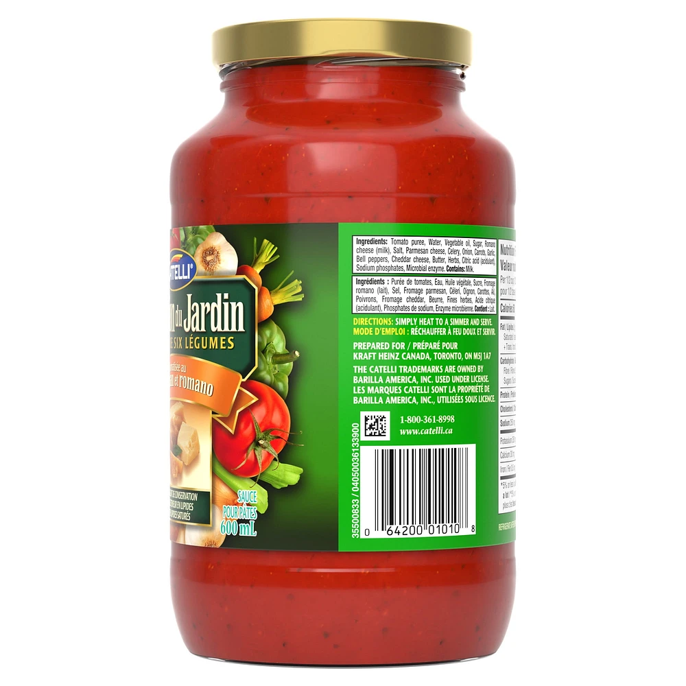 Catelli Garden Select Parmesan & Romano Flavoured Pasta Sauce, 600 mL Jar Catelli Garden Select Tomate parmesan Romano 600ML
