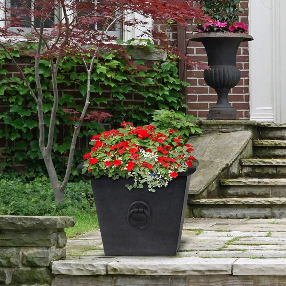 Tierra Verde 23in W x 20in H Piazza Large Square Statement Recycled Materials Self-Watering Indoor/Outdoor Planter Pot, Black