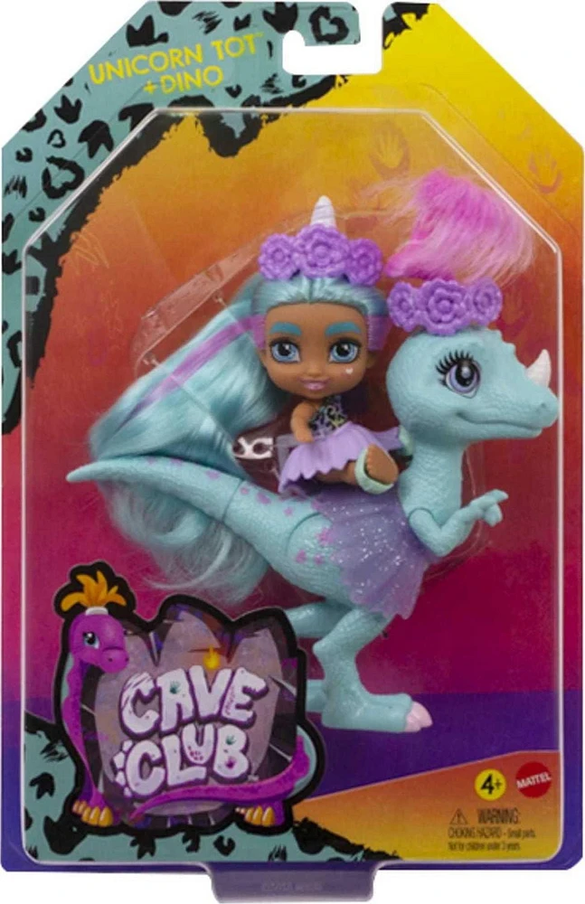 Poupée Bébé Licorne Cave Club d’environ 8 cm avec cheveux frisés bleus, tenue, accessoires et figurine dinosaure, cadeau à partir de 4 ans