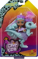 Poupée Bébé Licorne Cave Club d’environ 8 cm avec cheveux frisés bleus, tenue, accessoires et figurine dinosaure, cadeau à partir de 4 ans