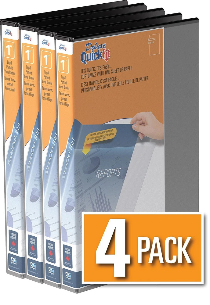 Reliure QuickFit View robuste, format légal, 14 po x 8,5 po, orientation portrait, 1 po, anneaux inclinés en D, noir, paquet de 4