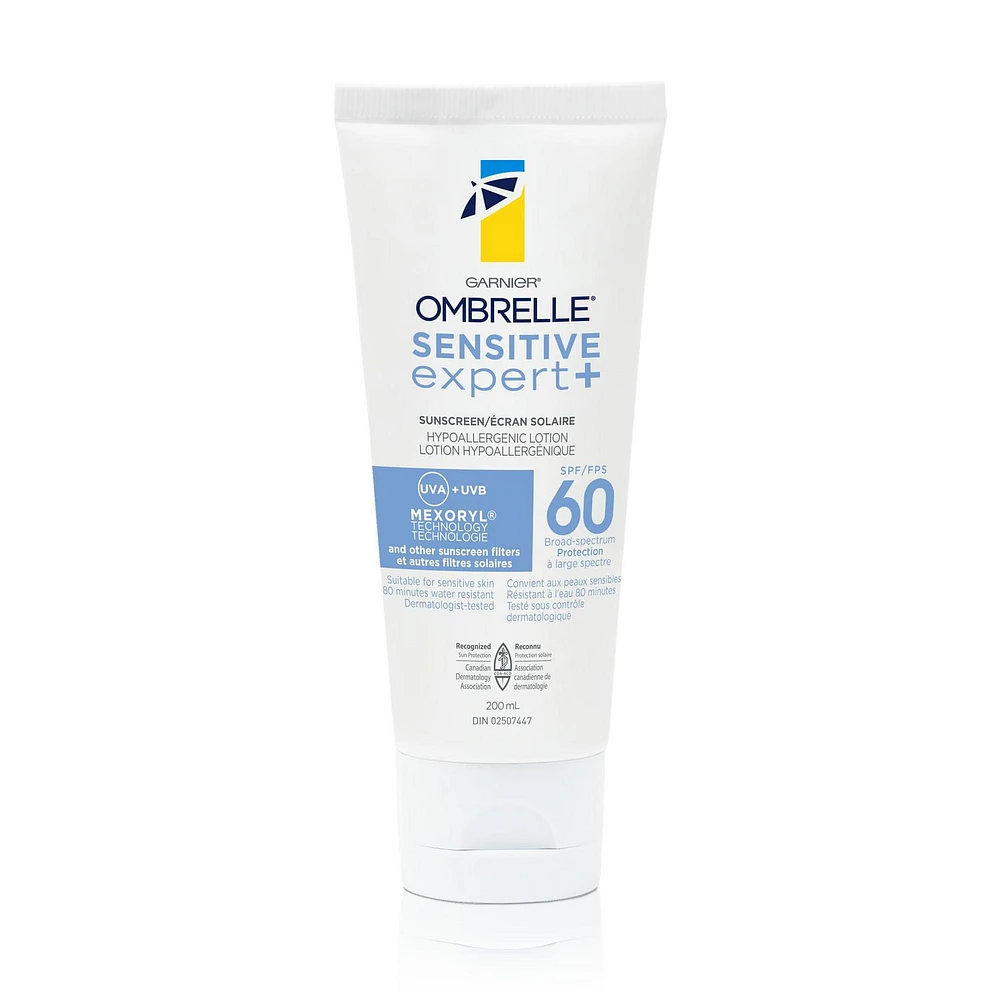 Garnier Ombrelle Sensitive Expert Crème Solaire pour le Corps SPF 60, Hypoallergénique, Pour Les Peaux Les Plus Sensibles, 200 mL Protection pour les peaux les plus sensibles