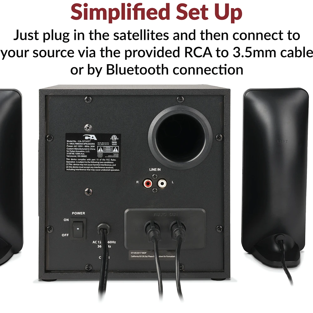 Système de haut-parleurs 3 pièces Cyber Acoustics CA-SP34BT, 32 W (total), Bluetooth, canal 2.1 avec caisson de basses et effets lumineux LED, son stéréo complet, noir
