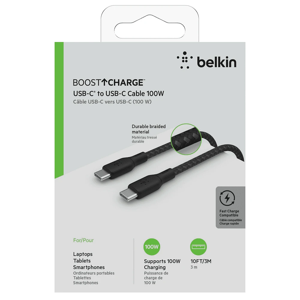Câble USB-C vers USB-C Belkin, câble d’alimentation tressé BoostCharge (3 m/10 pi), câble de chargement rapide Power Delivery 100 W, certifié USB-IF pour iPhone 16, MacBook, Chrome BELKIN CÂBLE C-C BEL 3M NOIR