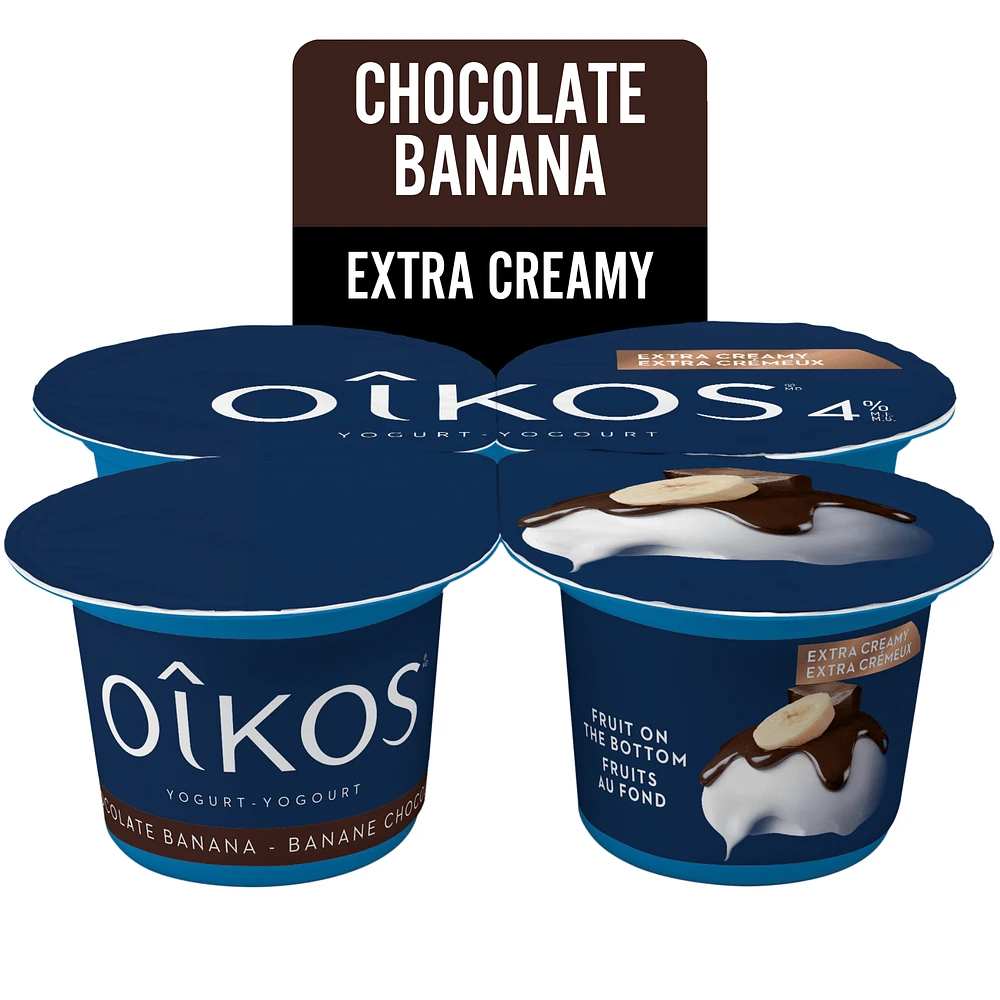 Oikos Extra Creamy Yogurt, Banana Chocolate, Blended, 4% M.F., 4 x 95 g