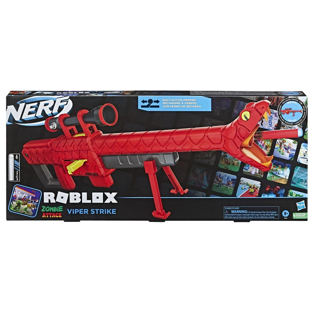 Nerf Roblox Zombie Attack: Viper Strike Dart Blaster With Scope, Code to Redeem Exclusive Virtual Item, 6-Dart Clip, 6 Nerf Elite Darts, Bipod, Roblox Toys for Boys & Girls 8 Years Old & Up, Ages 8 and up
