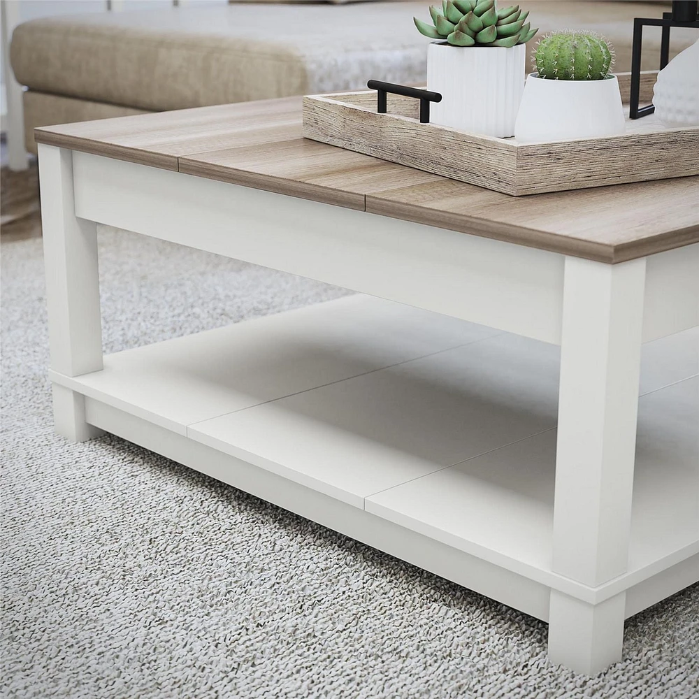 Ameriwood Home Chapel Hill Rustic Farmhouse Coffee Table, White with Brown Oak Top
