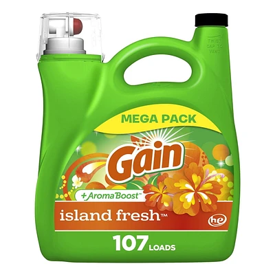 Détergent à lessive liquide Gain avec Aroma Boost, parfum Fraîcheur des îles, compatible avec les laveuses HE, 107 brassées, 4,55 L (154 oz liq.)