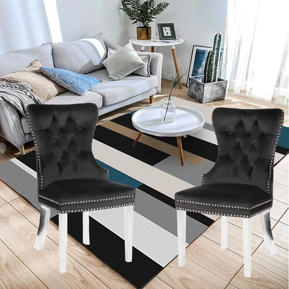 Chaise Marlon en noir, garniture à ongles et chaise de salle à manger à la touffe, chaise à manger en velours, chaise à manger avec pieds en acier inoxydable pour la cuisine et le salon - Ensemble 2