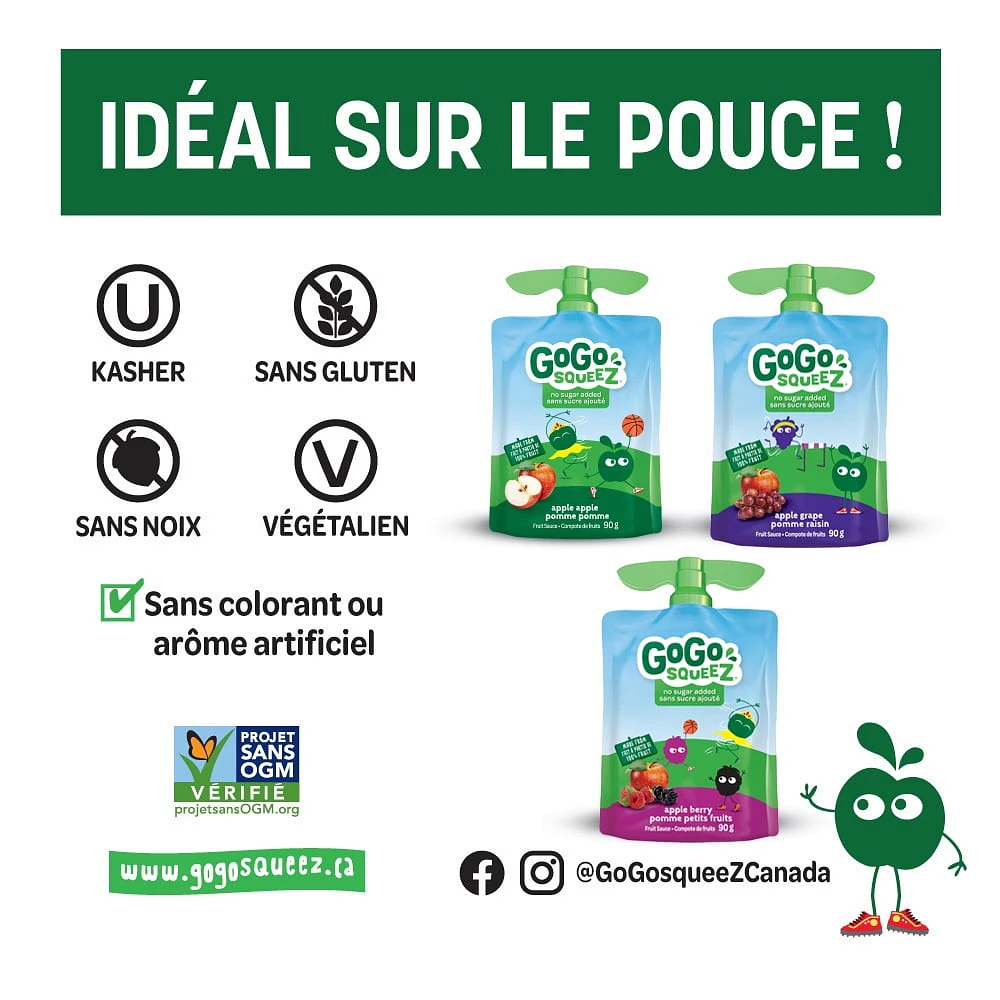 Emballage assortis de compote de fruits GoGo squeeZ , pomme, raisin, petits fruits, sans sucre ajouté. 90 g par gourde, emballage de 20 1,8 kg