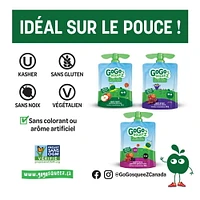 Emballage assortis de compote de fruits GoGo squeeZ , pomme, raisin, petits fruits, sans sucre ajouté. 90 g par gourde, emballage de 20 1,8 kg