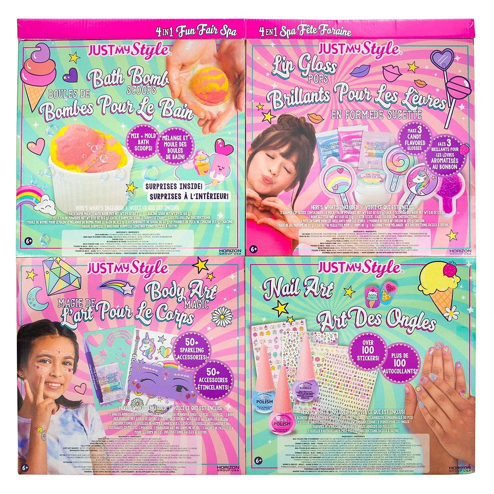 Spa vive la fête foraine 4-en-1 de Just My Style!, lot tout en un de 4 kits d’activité mode, inclut DIY brillant pour les lèvres, art des ongles, art du corps et bombes pour le bain