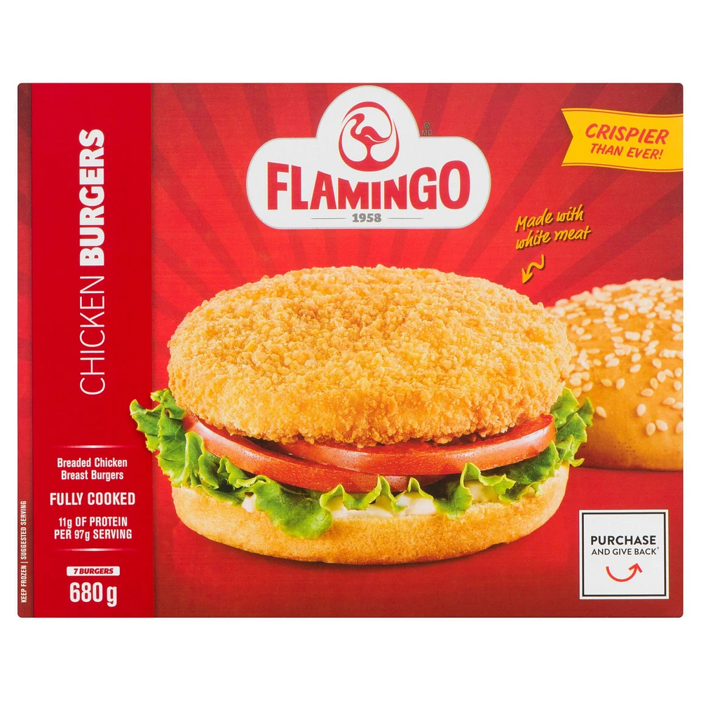 Chicken Breast Burgers Breaded and fully cooked, Flamingo, Chicken Breast Burgers Breaded and fully cooked,  680 g 11g meat protein