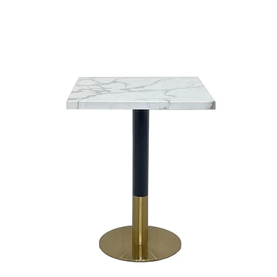 Table de salle à manger carrée Garza en faux marbre avec détails dorés brossés en blanc