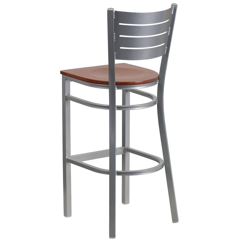 Lot de 2 pièces - Tabouret de bar de la série HERCULES en métal argenté avec dossier à lattes - siège en bois de cerisier