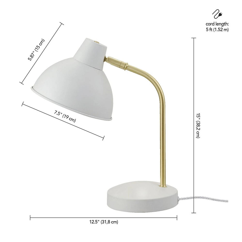 Lampe de bureau de 15 po Willow, blanc mat, bras or mat, abat-jour pivotant, interrupteur à bascule sur le cordon