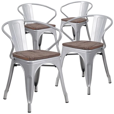 Lot de 4 - Chaise en métal argenté avec siège et accoudoirs en bois