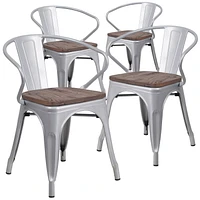 Lot de 4 - Chaise en métal argenté avec siège et accoudoirs en bois