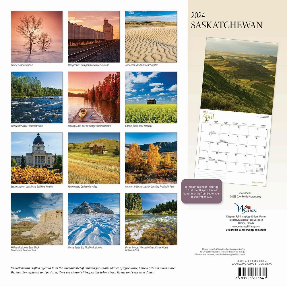 Wyman Publishing Saskatchewan 2024 30.48x60.96 CM Mur Carré Calendrier, 9781525611643