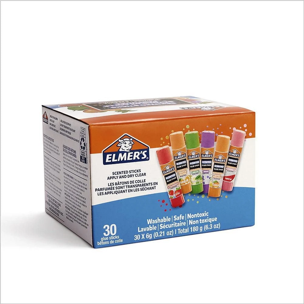 Bâtons de colle parfumée Elmer's, colle scolaire sûre et non toxique, 30 unités (6 g chacune) 6 parfums amusants et excitants