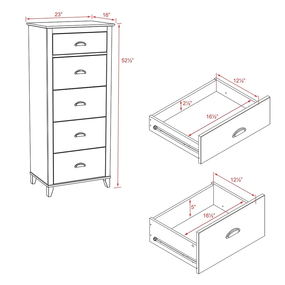 Commode haute Yaletown de Prepac à 5 tiroirs en fini blanc