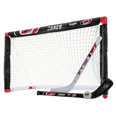 Franklin Sports Ensemble de mini hockey Hurricanes de la NHL – But de hockey intérieur pour enfants, ballon, 2 mini bâtons de hockey
